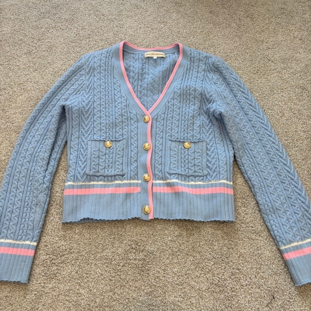 English Factory Cable Knit Cardigan Sweater Womens L Blue Pink Coquette Preppy